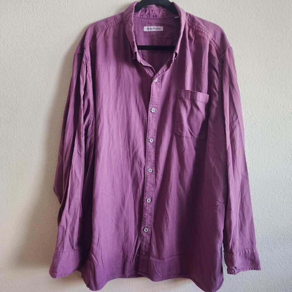 Tommy Bahama Shirt Mens 2XL Purple Button Up Palm Lined Cuffs Herringbone Casual